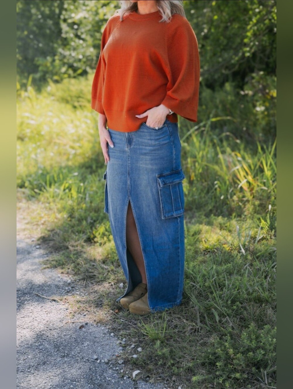 BAYEAS Denim Skirt With Front Slit